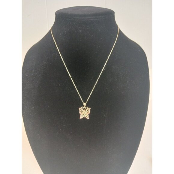 925 Sterling  Two-Tone Rose Gold Champagne Diamond Accent Filigree Butterfly - Picture 1 of 10